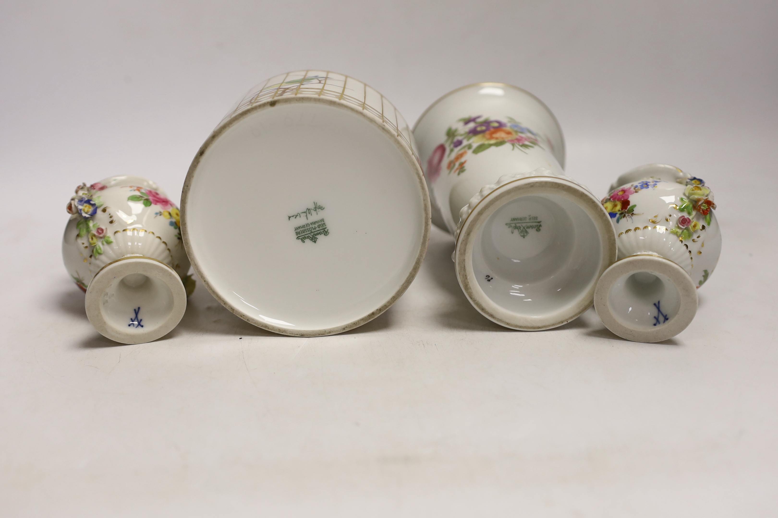 A pair of Meissen flower encrusted vases, a Rosenthal 'birdcage' jar and cover and a Rosenthal vase, tallest 19.5cm